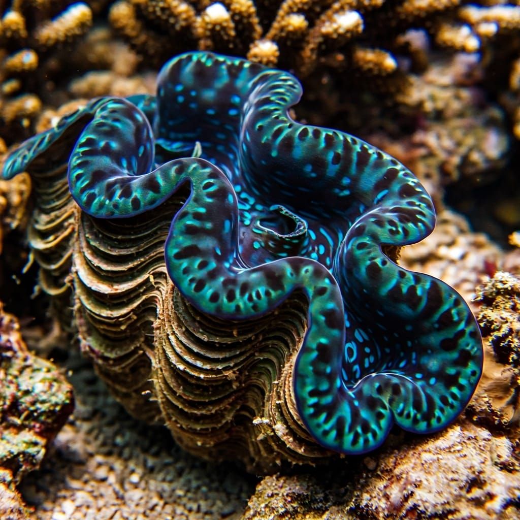 Vibrant Giant Clam Underwater: Hyperrealistic Close-Up