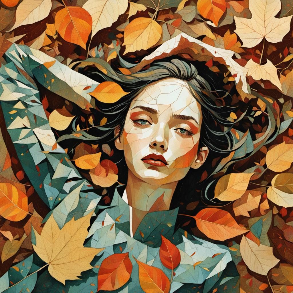 Paper Collage Art of Girl on Autumn Leaves
