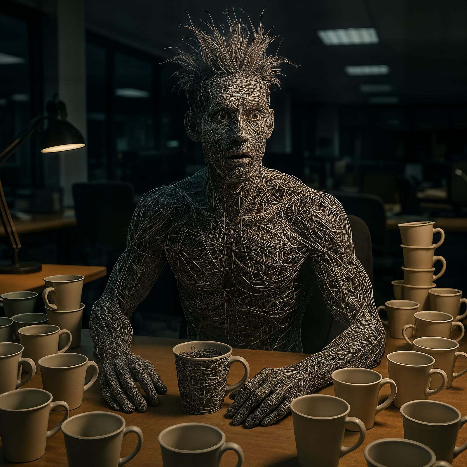 Hyperrealistic Wire Man in Office at Night