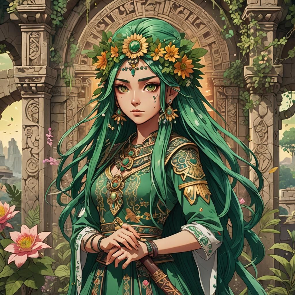 Anime Girl in Mesoamerican Ruins with Sword