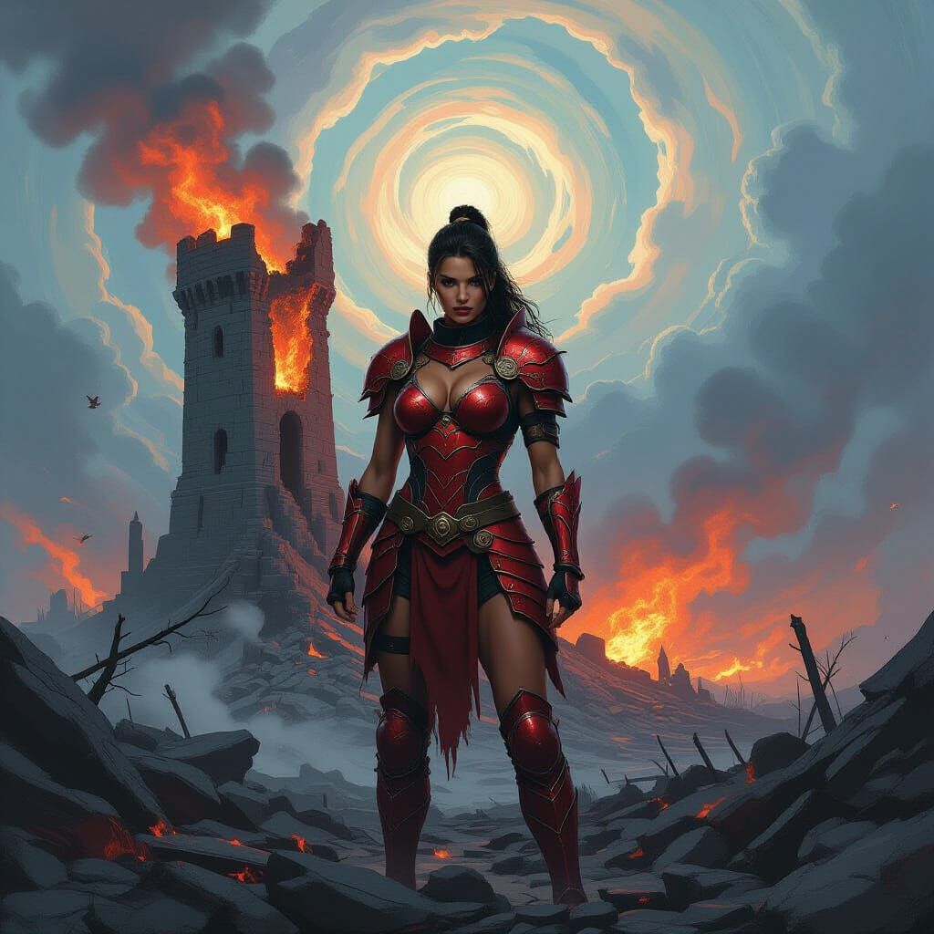 Fiery Woman in a Van Gogh-Inspired Sci-Fi Landscape