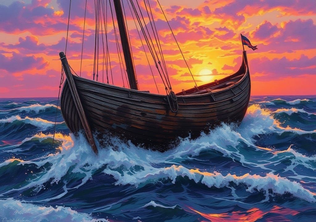 Wrecked Sailing Ship at Sunset in Impasto Style