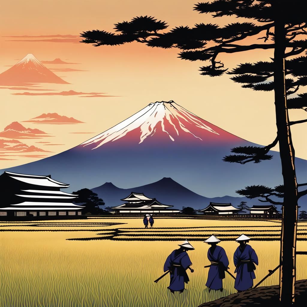 Mount Fuji Sunset Over Rice Fields, Ancient Japan