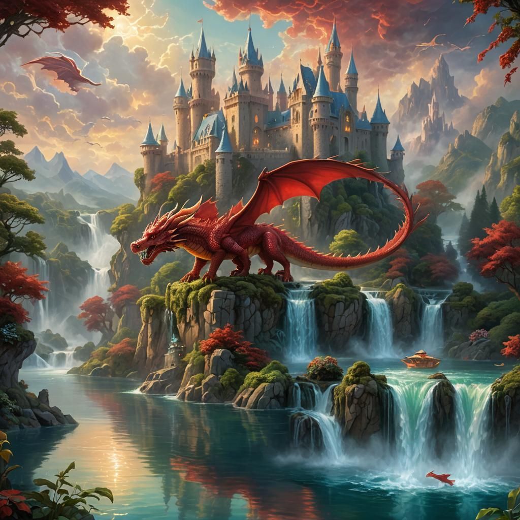 Red Dragon Guards Floating Castle with Unicorn Dolphins