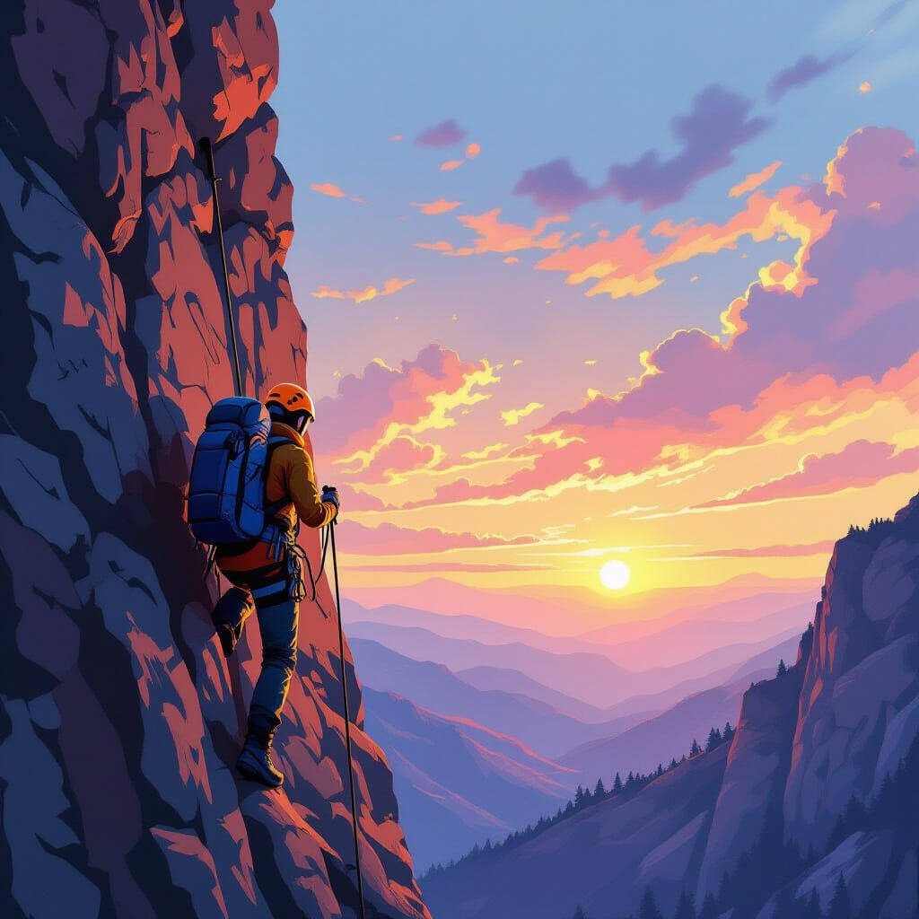Rock Climber Ascends Mountain in Digital Art Style