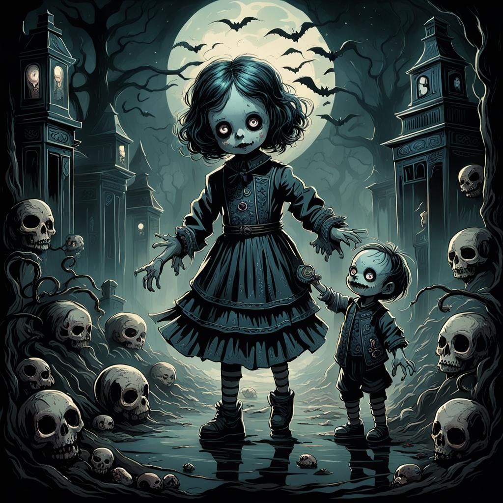 A child picking up a cursed doll and becoming possessed, you can clearly see the darkness of the doll enveloping the chi...