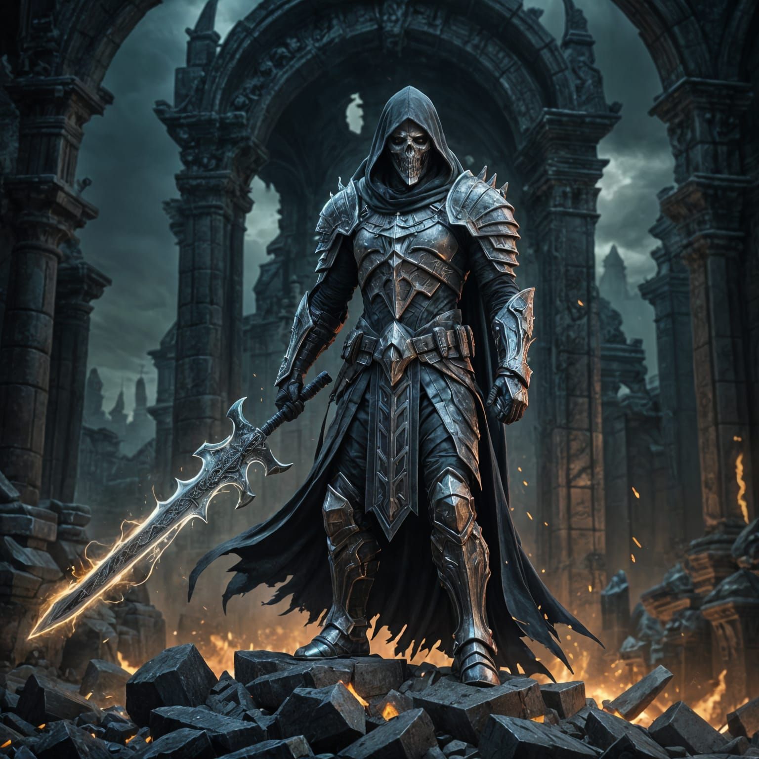 Ominous Reaper with Greatsword in Dark Fantasy Ruins