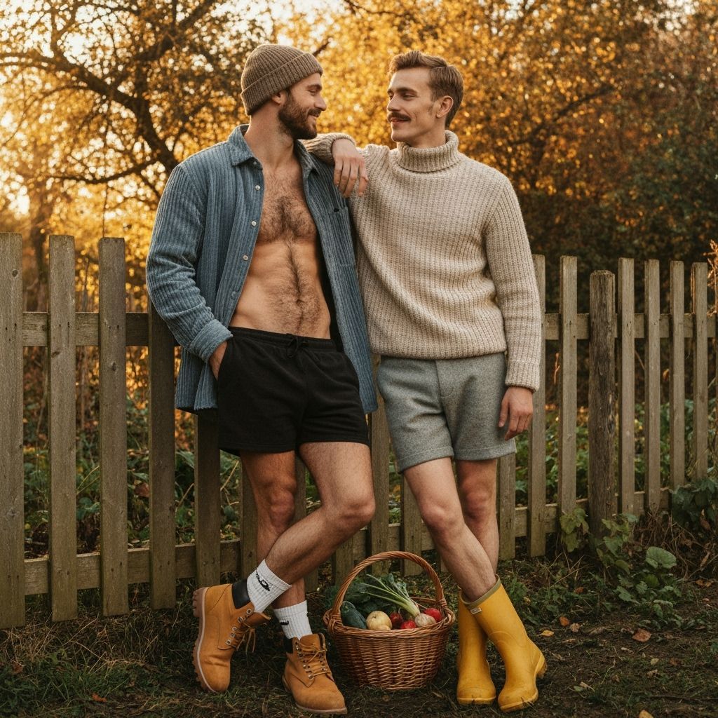 Intimate Autumn Garden Scene: Two Men in Warm Sunlight