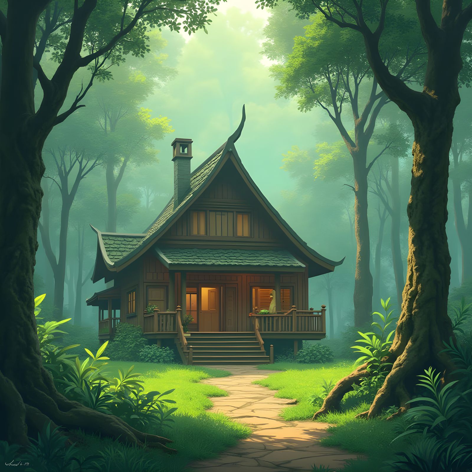Peaceful Village Hidden in a Lush, Foggy Forest with Elegant...