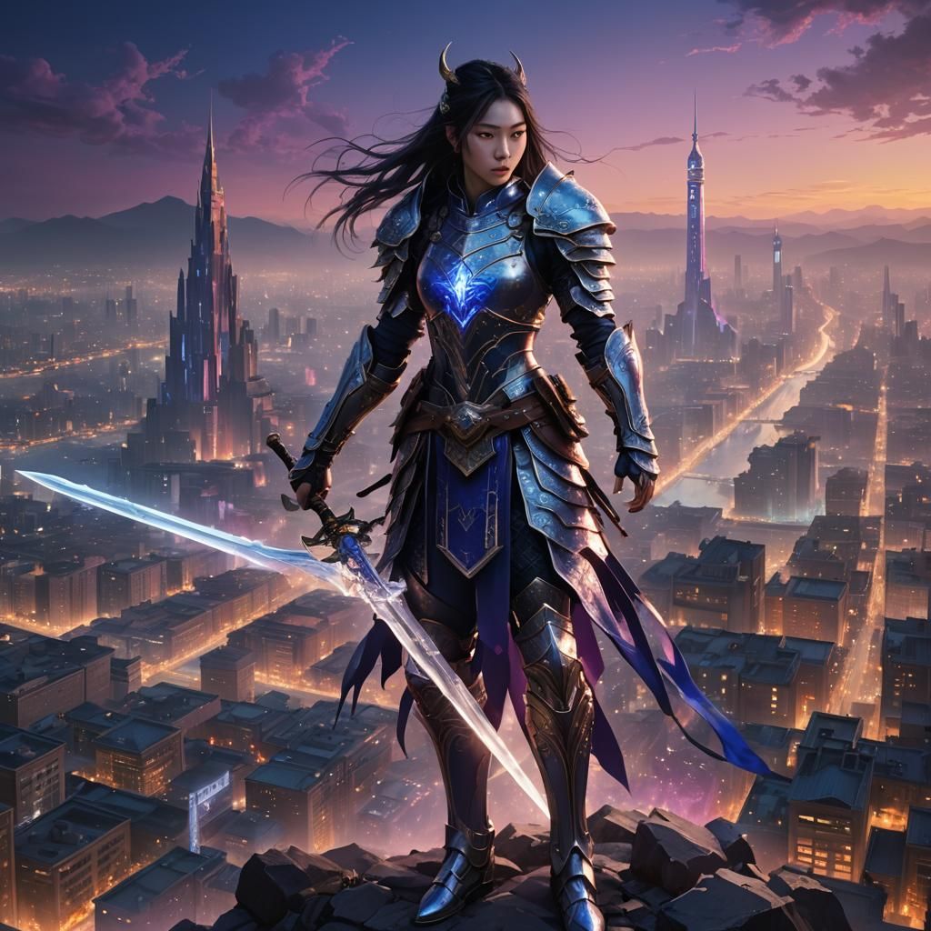 Warrior in Neon Cityscape: Digital Art Style