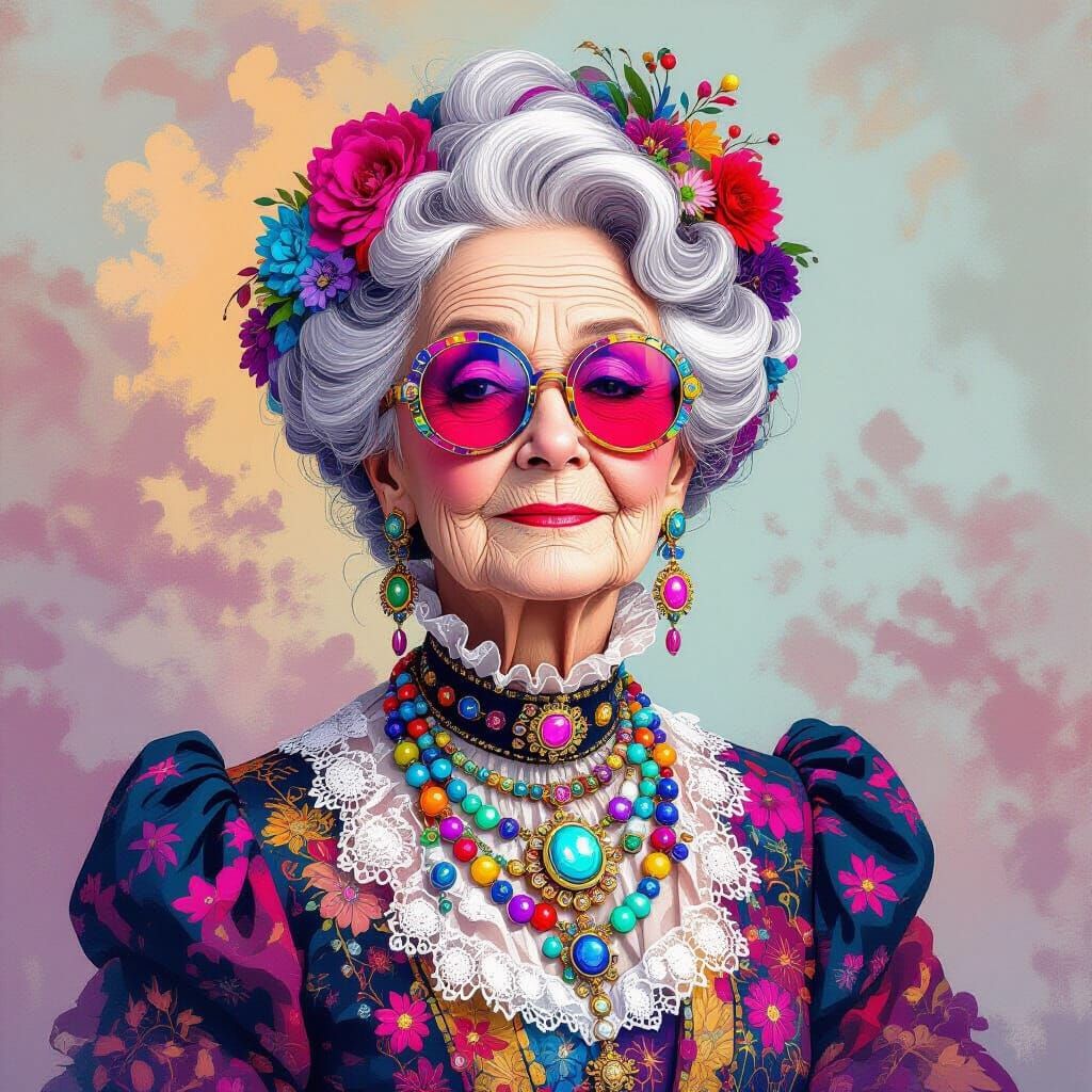 Victorian Lady with Neon Jewelry in Watercolor Cartoon Style