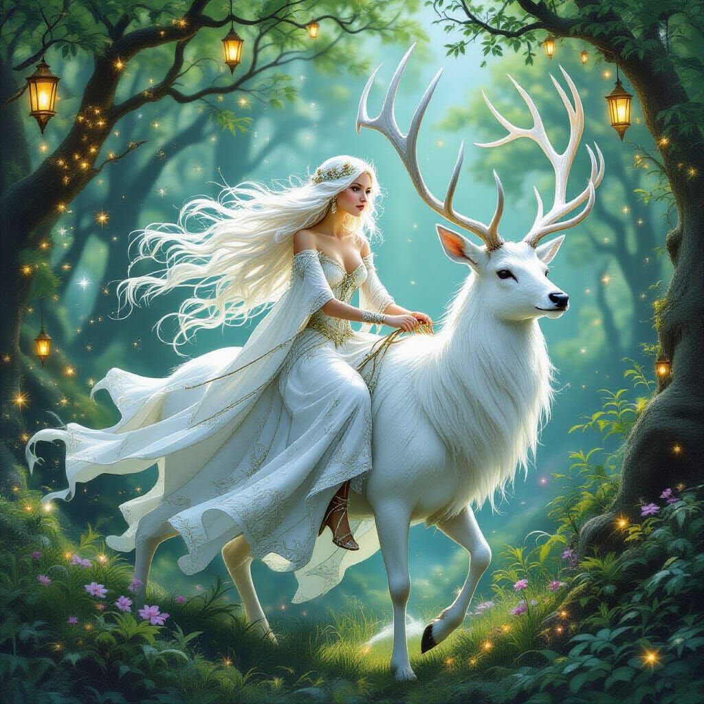 Fairy Rides White Deer in Magical Forest