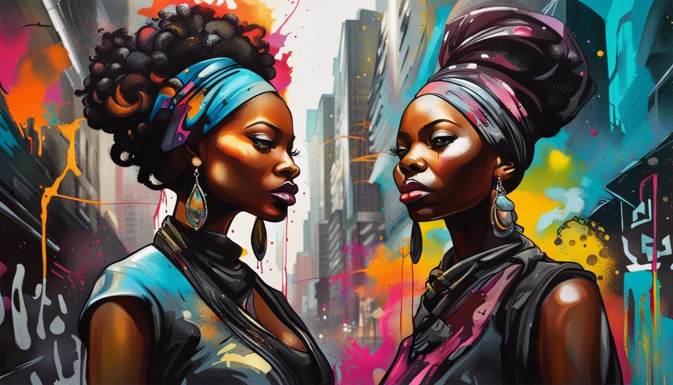 Elegant Women in an Afrofuturistic City with Graffiti Art