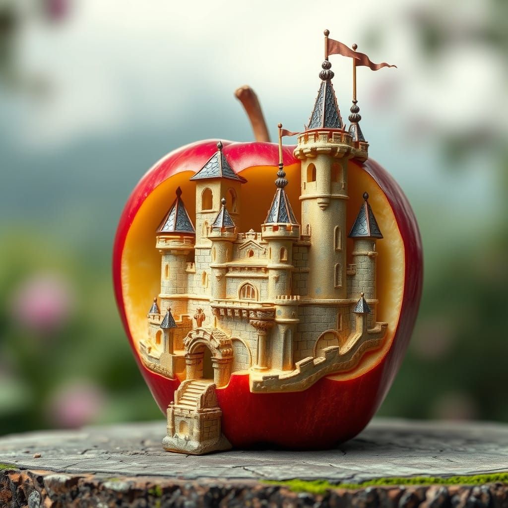 Castle Carved into a Red Apple in Whimsical, Hyper-Realistic...