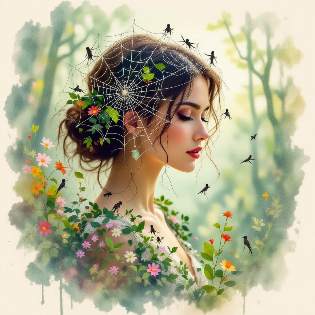 Surreal Woman's Hair as Spiderweb with Forest Spirits
