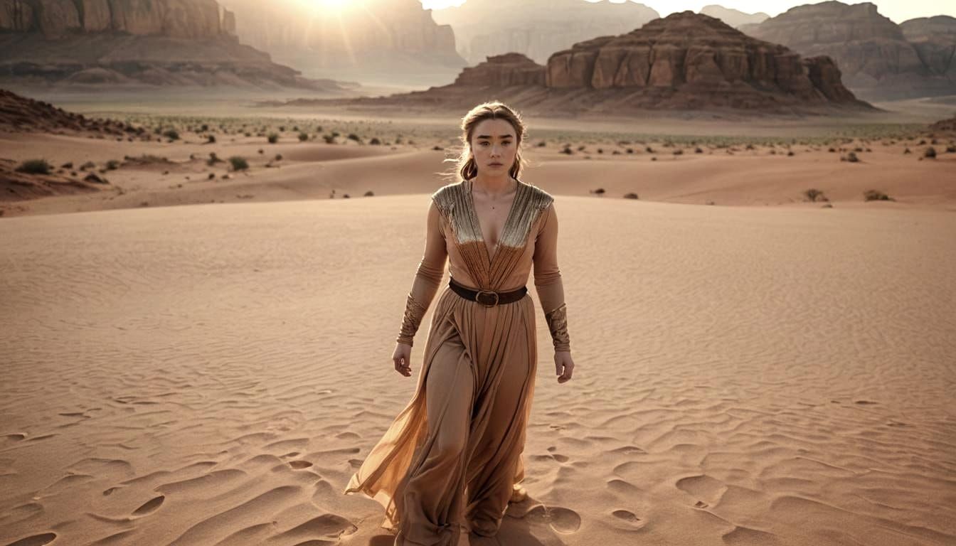 Princess Irulan Visits a Desert Planet at Sunrise