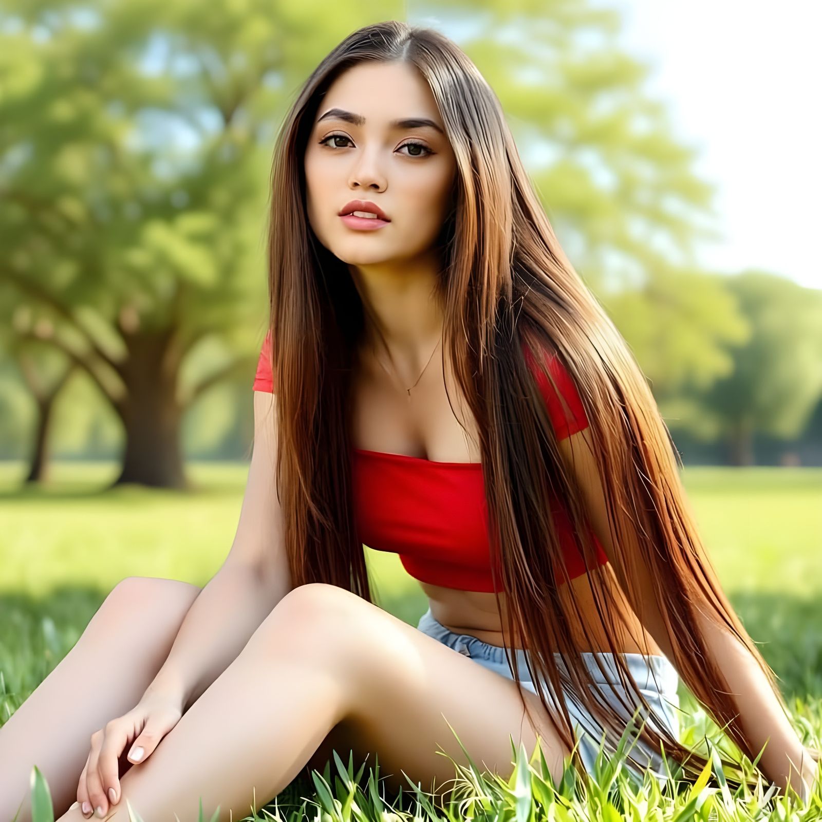 Young Woman with Walnut Hair in Red Crop Top