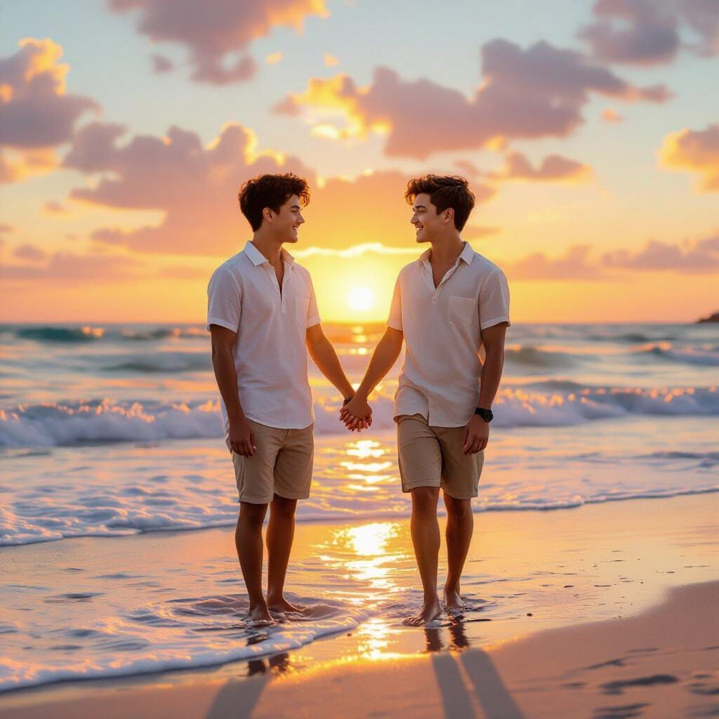 Joyful Gay Teen Couple on Beach at Sunset