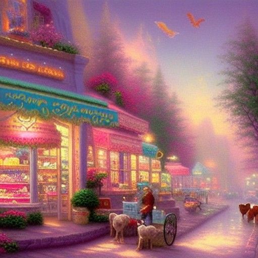 Sweet Animals Shopping in Candy Shop: Kinkade Style