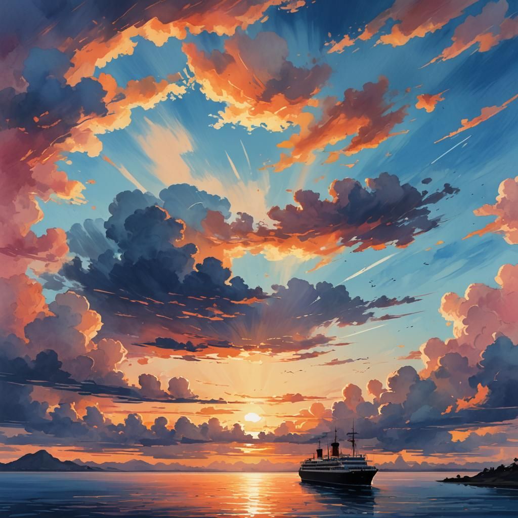 Cruise Ship Silhouette at Sunset in Watercolor Style