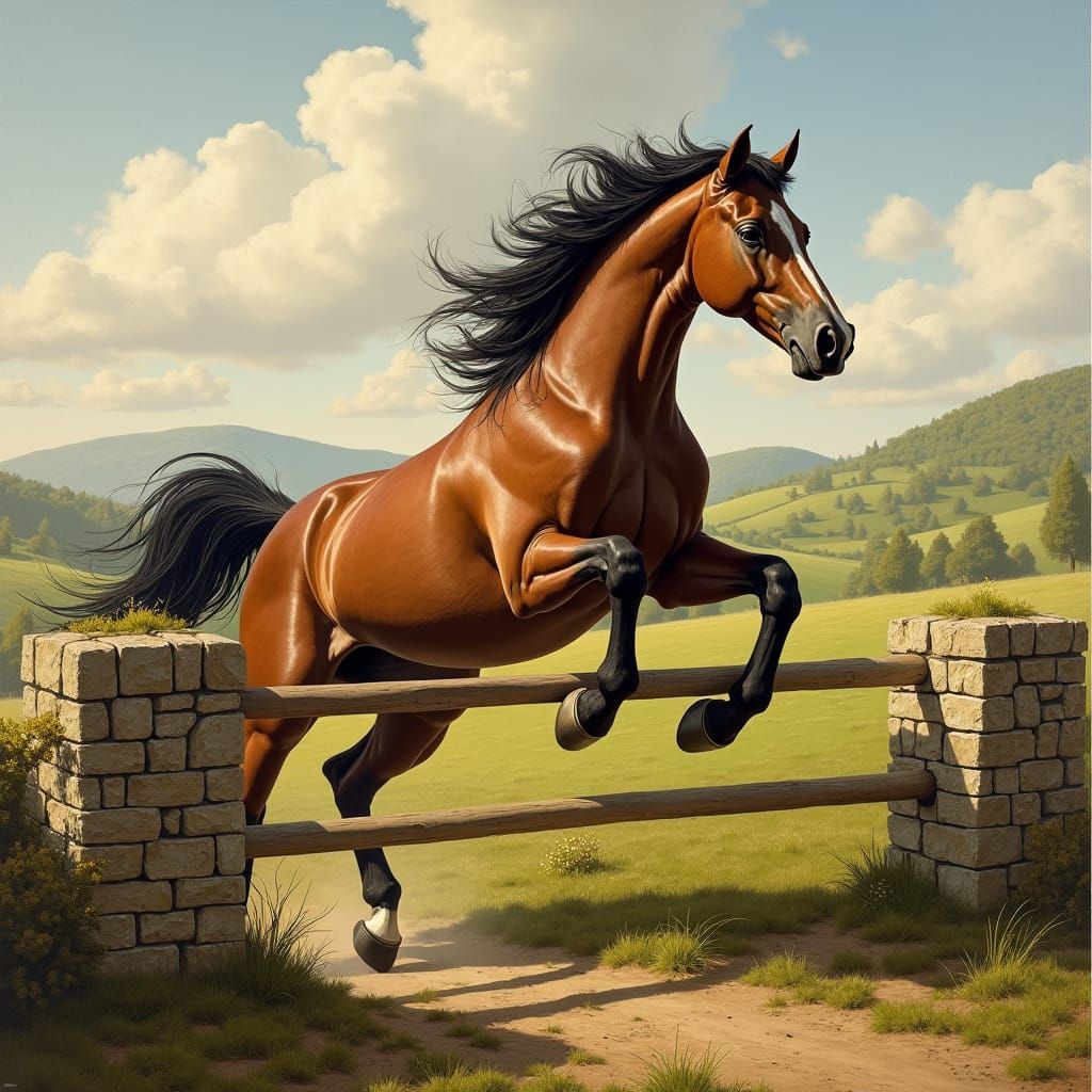 Majestic Horse Leaping Over Stone Fence