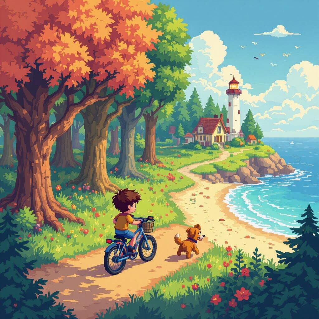 Pixel Art Boy Cycling Through Detailed Forest