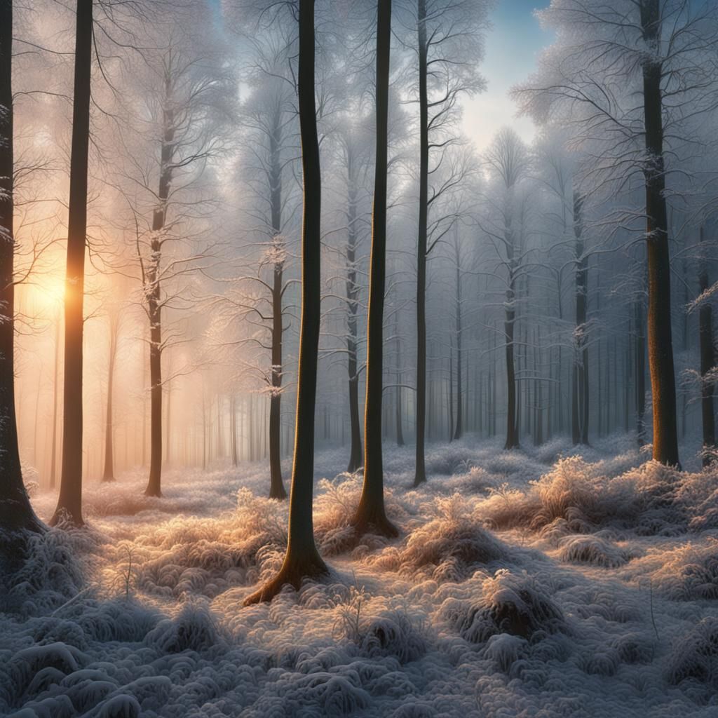 Winter Sunrise Over Frosty Forest: Digital Matte Painting