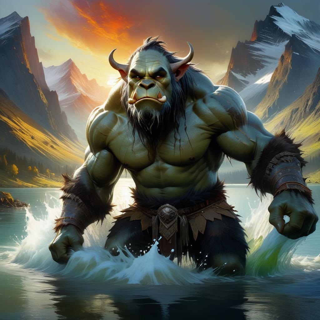 Ogres Splashing in Lake at Sunset: Detailed Matte Painting