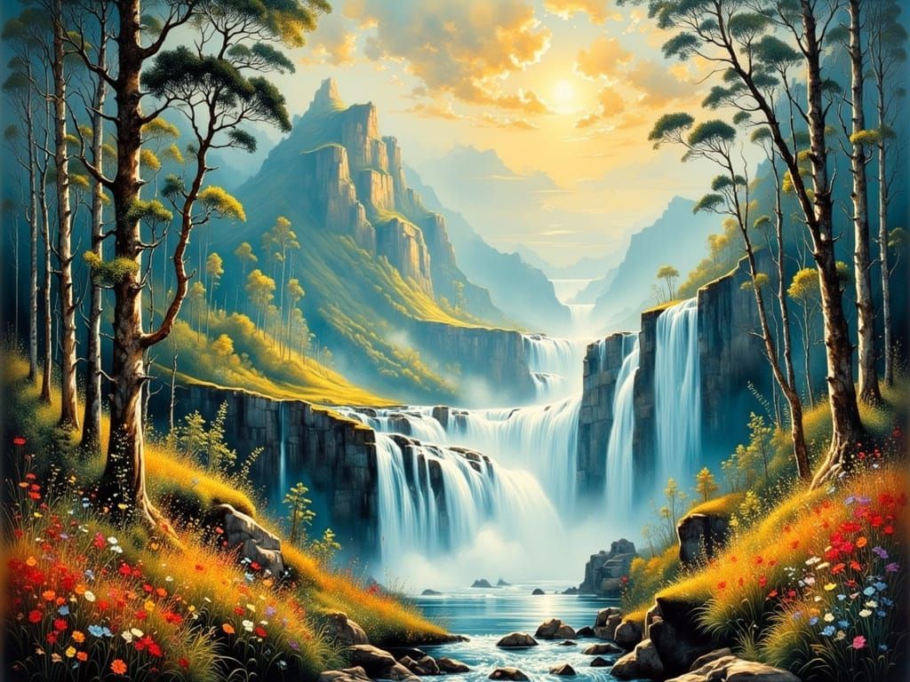 Vibrant African Landscape Oil Painting with Waterfalls