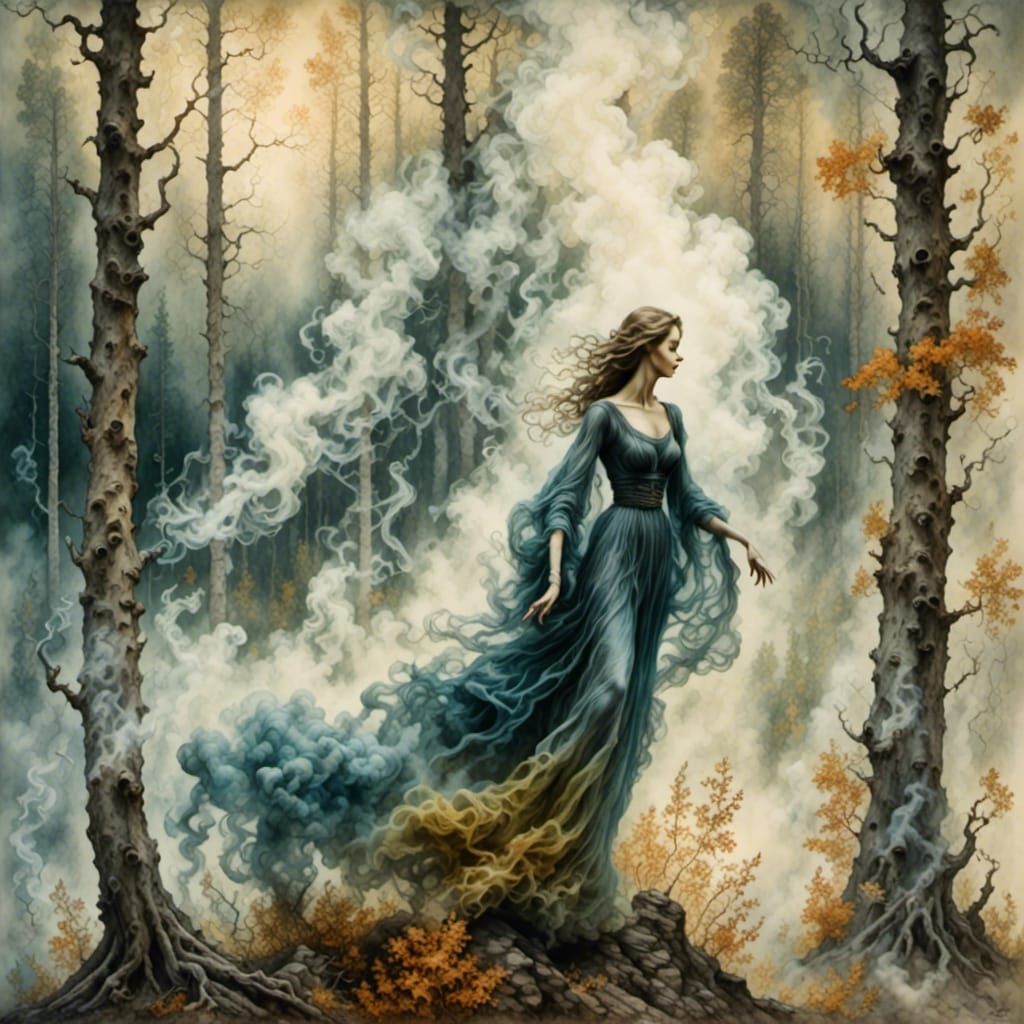 Ethereal Smoke Maiden in Birch Forest Watercolor