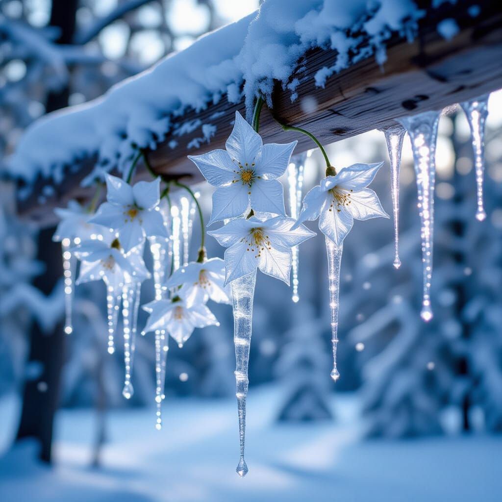 Ice Flowers Cascade from Ancient Beam in Winter Forest