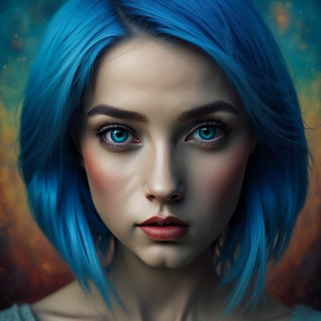 Vibrant 3D Portrait of a Blue-Haired Girl