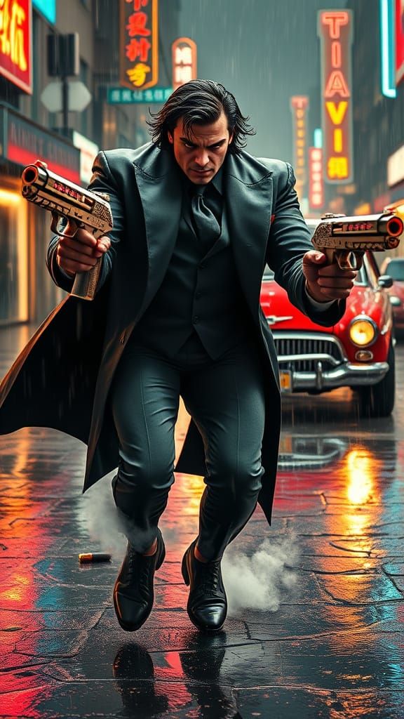 Hyper-Realistic Noir Assassin in Neon-Lit Cityscape