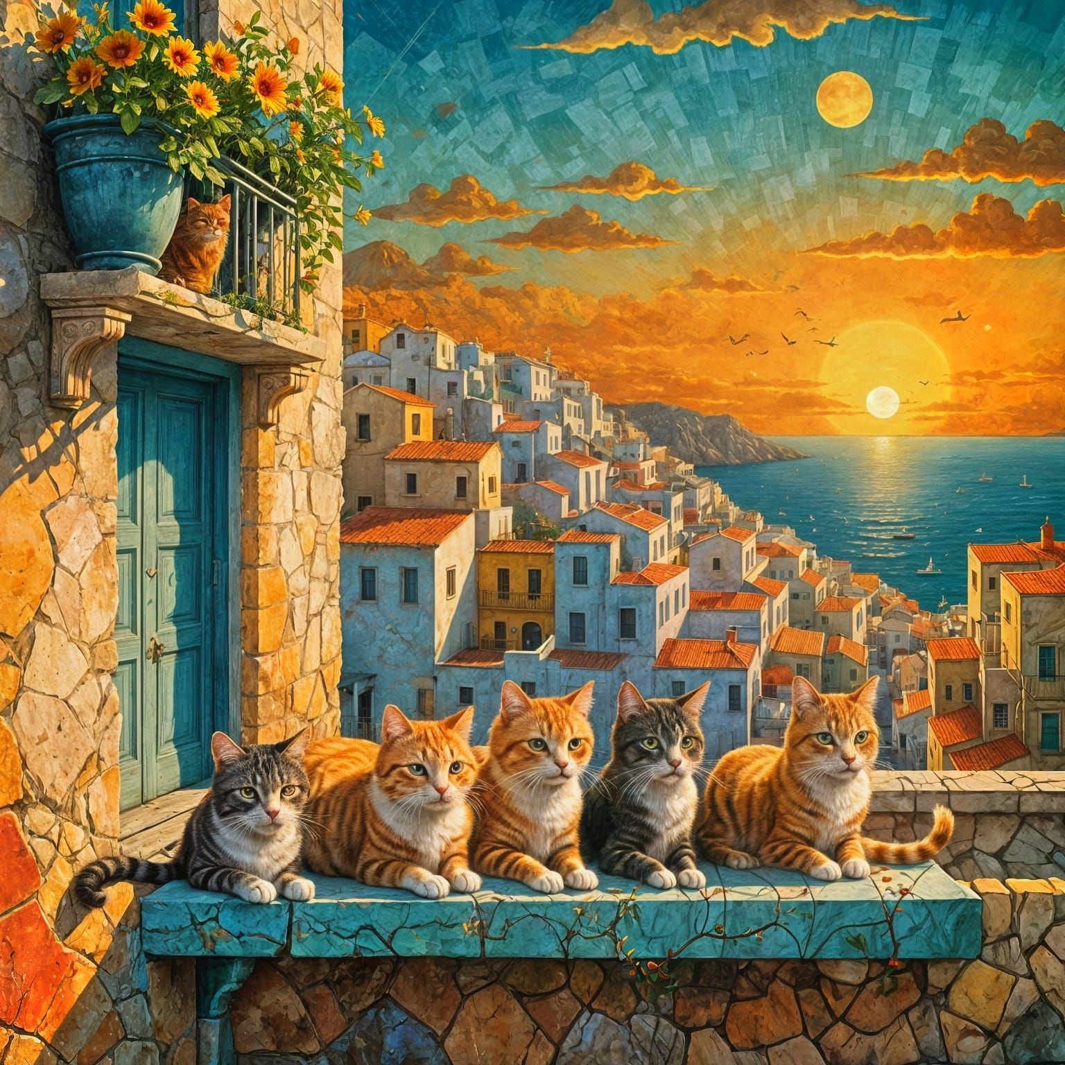 Cats Relaxing on Greek Balcony, Vintage Fairytale Art