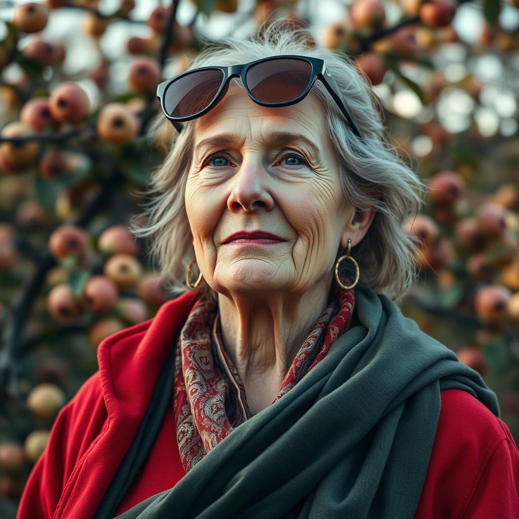 Elegant Woman in Red Leather Jacket Surrounded by Apples in ...