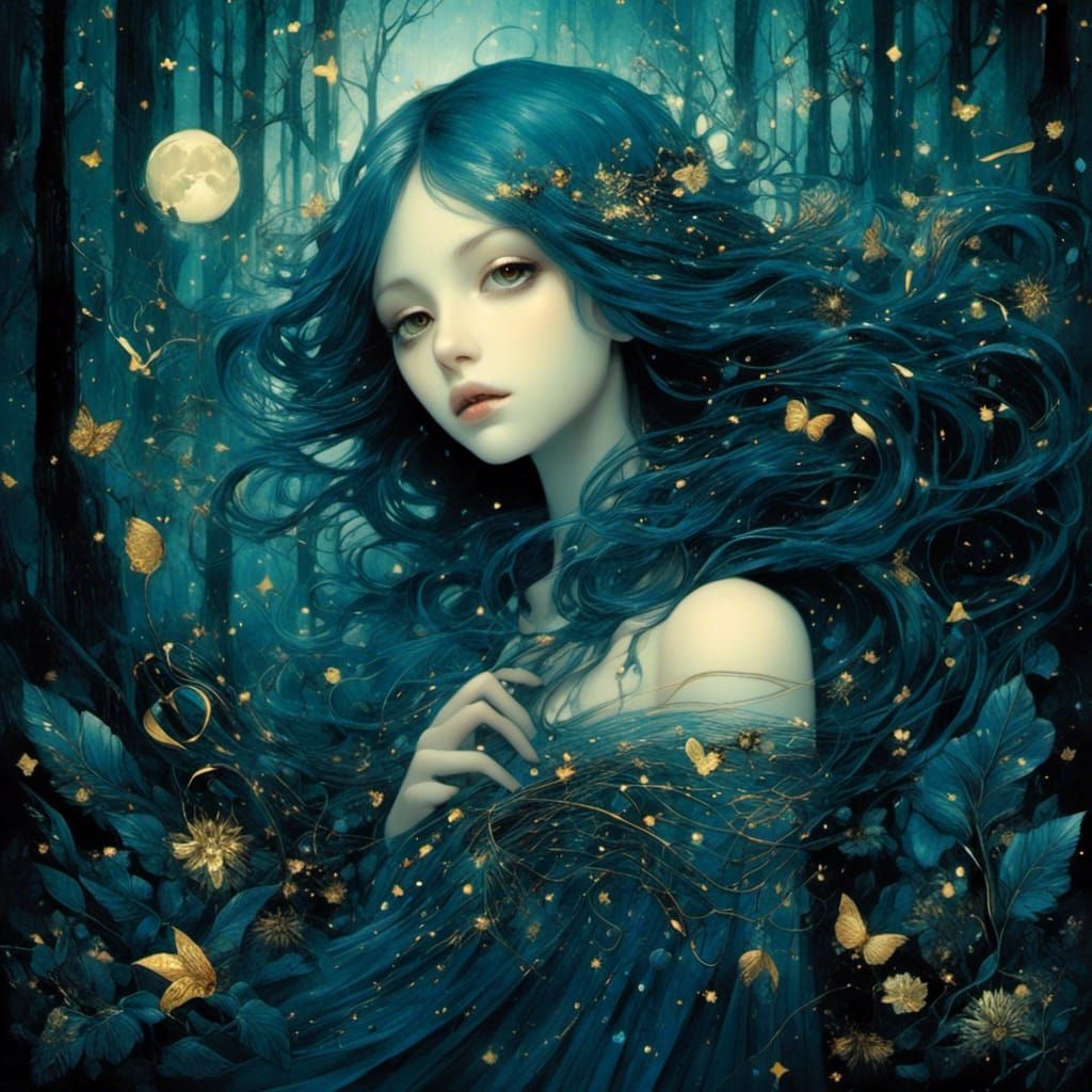 Indigo Girl in Starry Forest with Multi-Layered Eyes