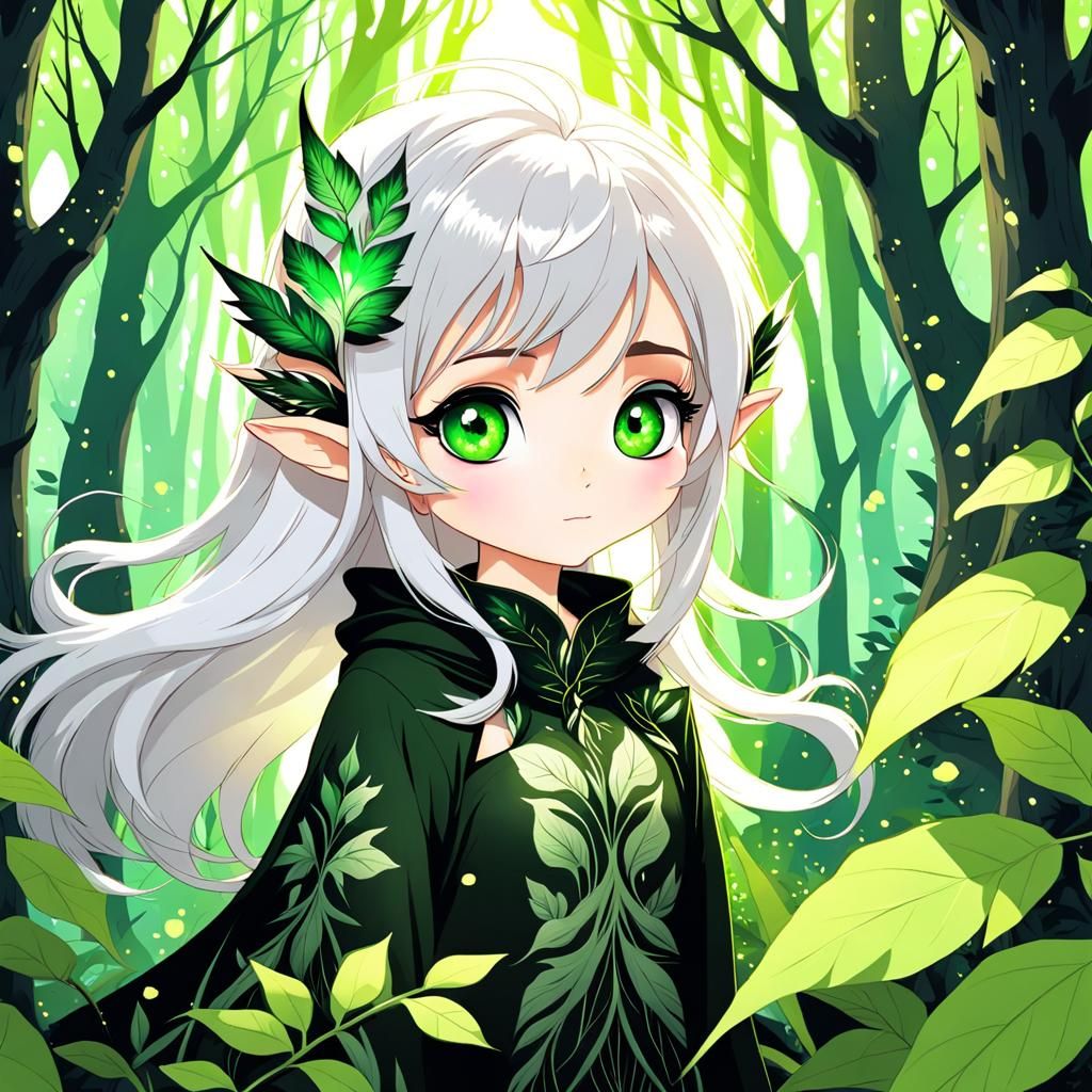 Eerie Forest Elf in Lush Flora, Ink Splash Art