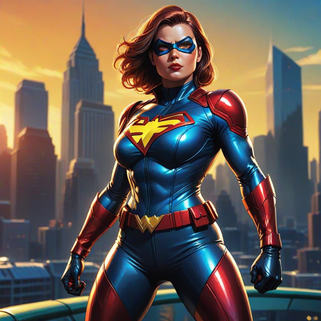 Curvaceous Superheroine in Leather Mini, Comic Book Style