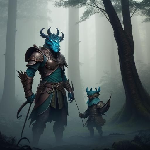 Dragonborn Ranger and Son in Misty Forest