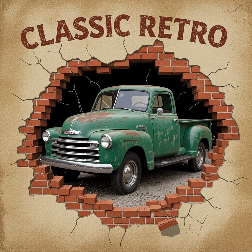 Retro Pickup Truck Crashing Through Brick Wall Poster