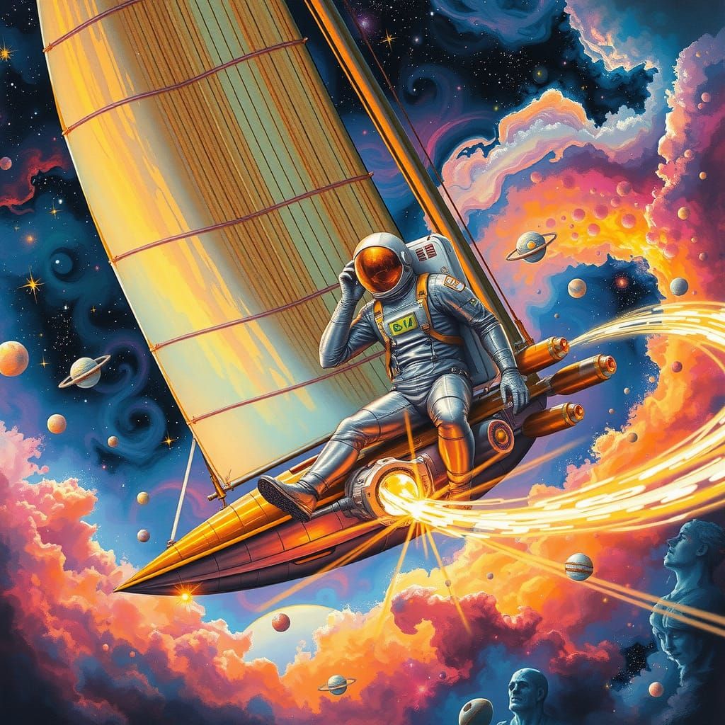Astronaut's Sailship Glides Through Starry Galaxy