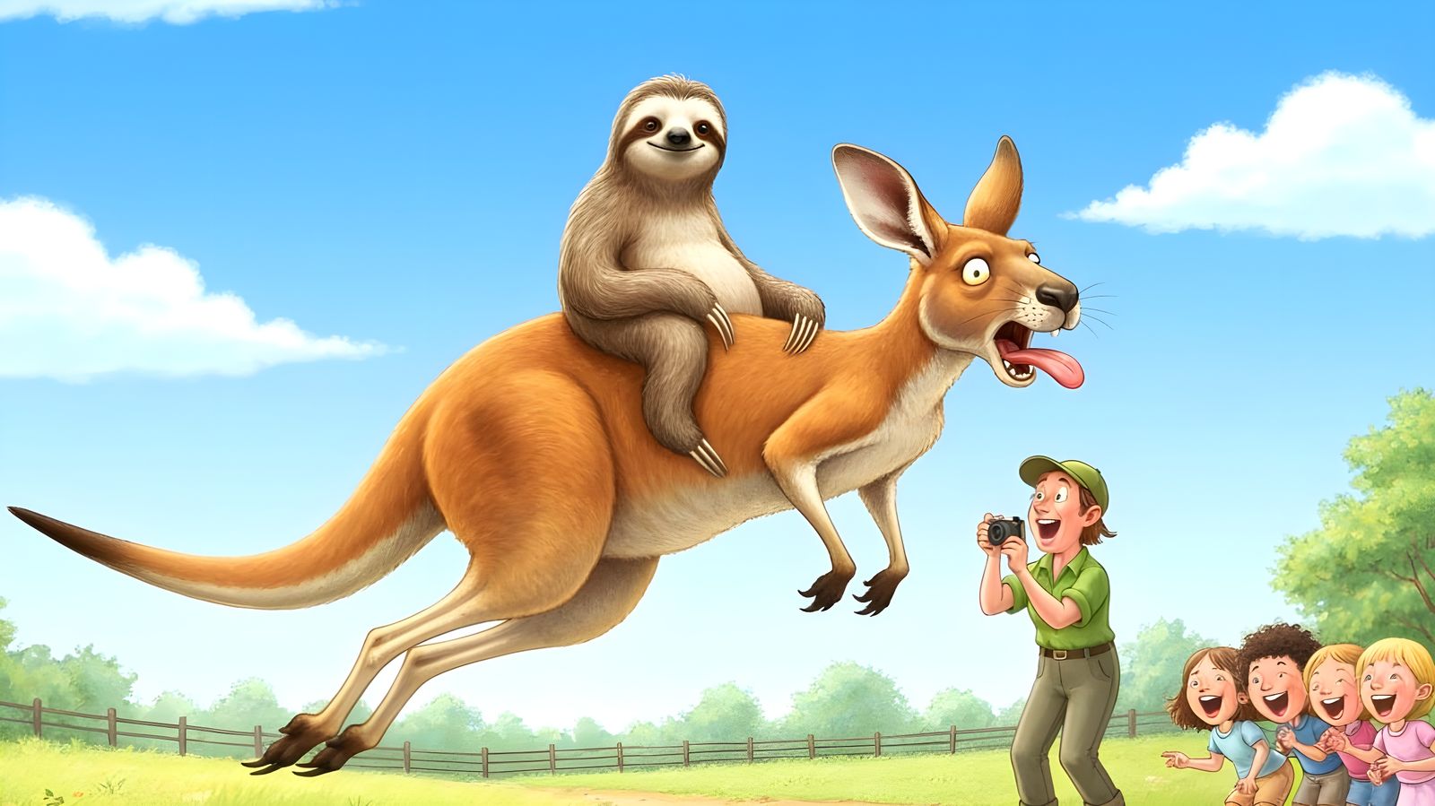 Sloth Riding Kangaroo in Whimsical Cartoon Style