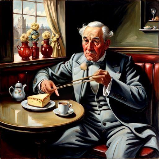 The Old Man: Realistic Oil Painting in Teashop