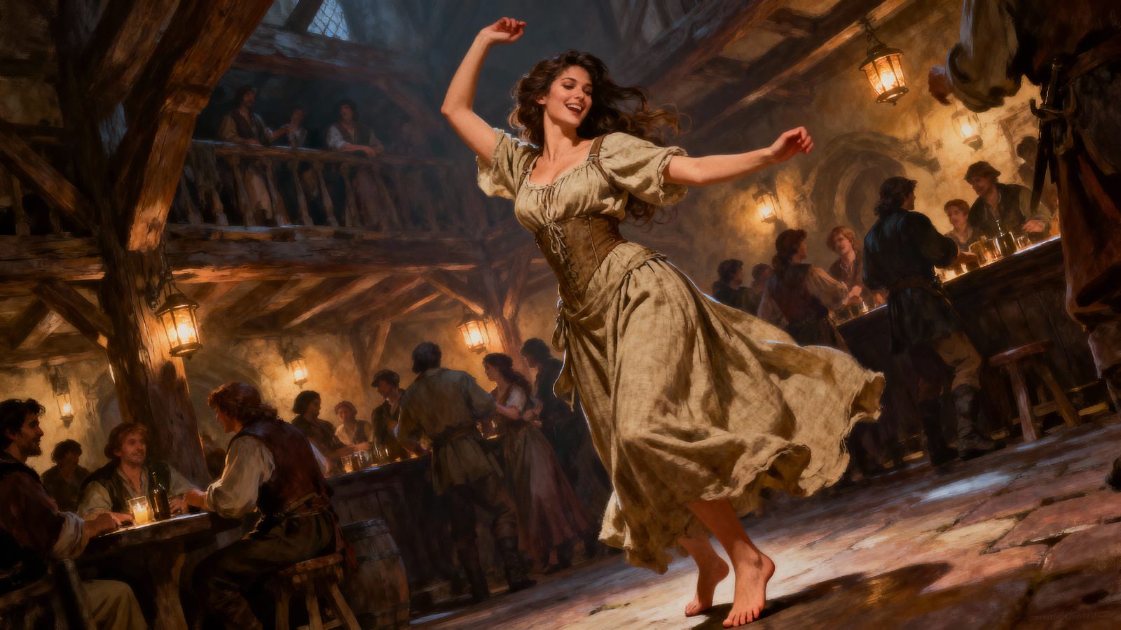 Dark Fantasy Tavern Dancer in Realistic Illustration Style