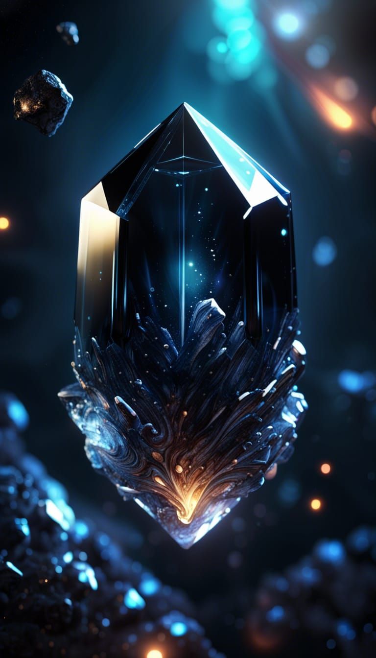 Obsidian Crystal Floating in Mystical Space: 3D Render