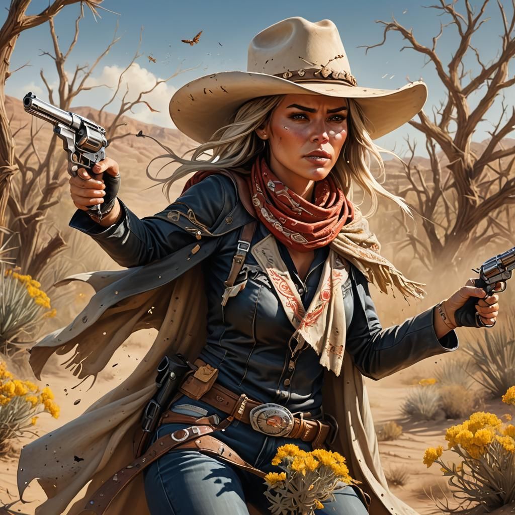 Female Gunslinger in Barren Landscape: Hyperrealistic Art