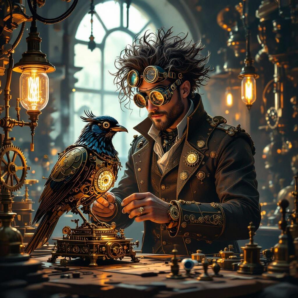 Steampunk Inventor Assembling Clockwork Bird in Workshop