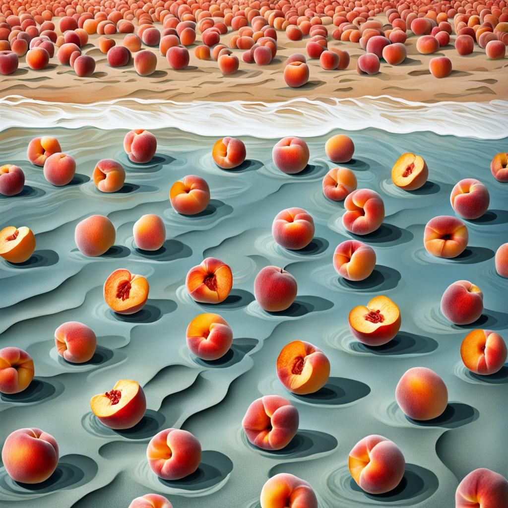 A beach made of peaches, surrealism