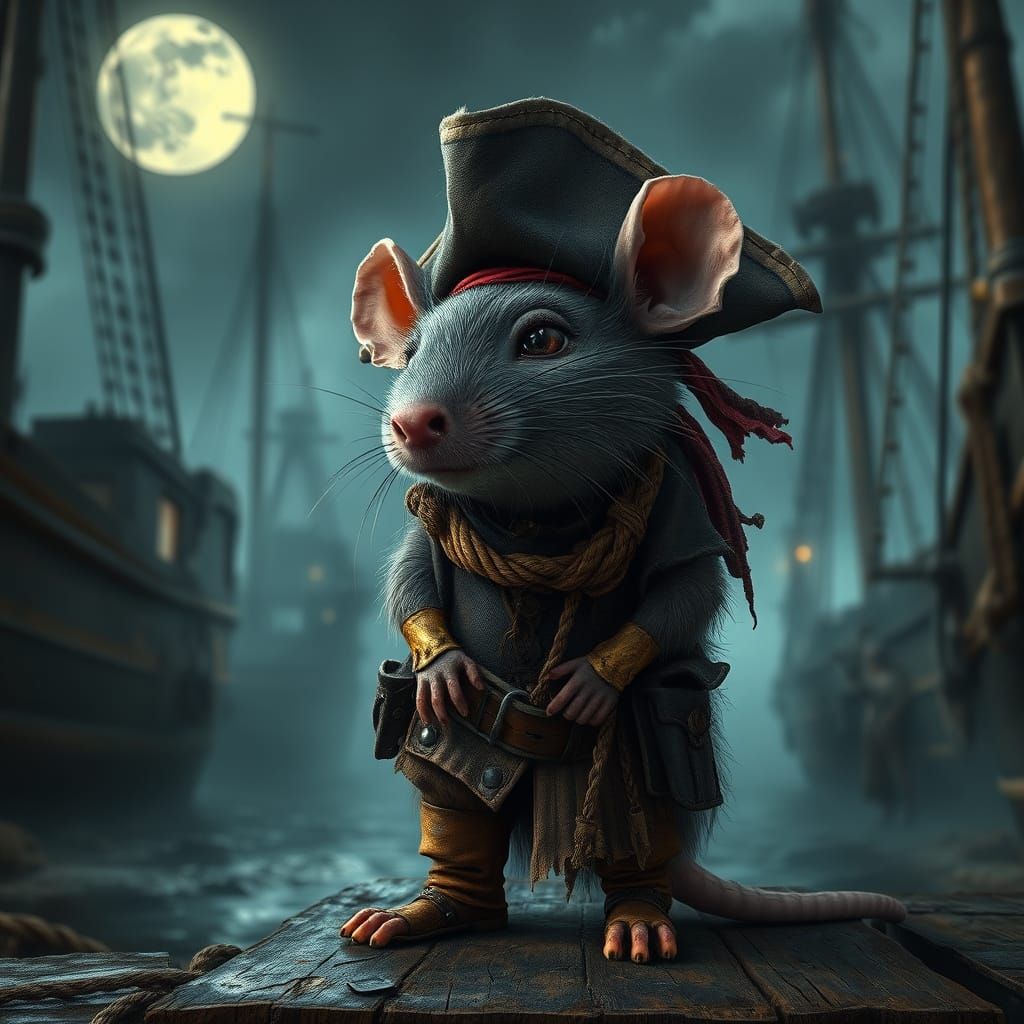Surreal Pirate Rat in Moody Dockyard Scene