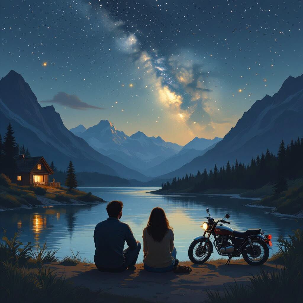 Couple Stargazing by River in Atmospheric Landscape